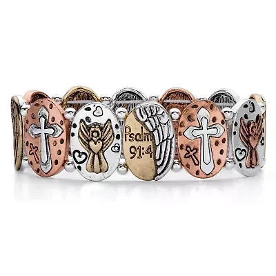 Hammered Coin Tri-Tone Inspirational Stretch Bracelet 7"