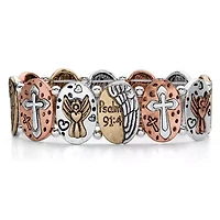 Hammered Coin Tri-Tone Inspirational Stretch Bracelet 7"