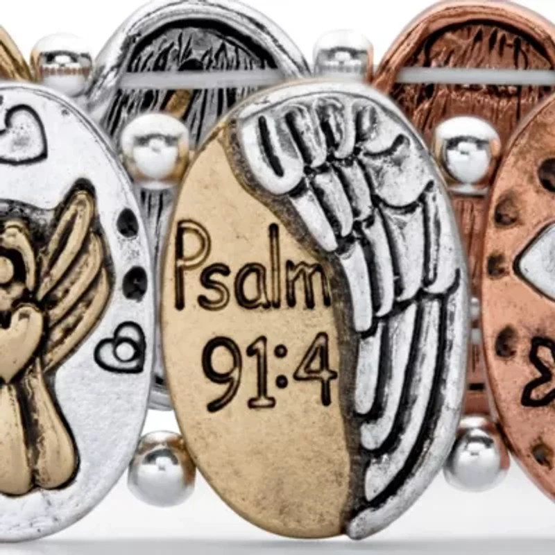 Hammered Coin Tri-Tone Inspirational Stretch Bracelet 7"