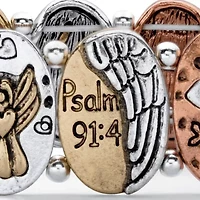 Hammered Coin Tri-Tone Inspirational Stretch Bracelet 7"