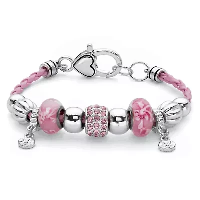 Pink Crystal Silvertone Bali-Style Braided Pink Cord Beaded Charm Bracelet 7.5"