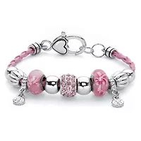 Pink Crystal Silvertone Bali-Style Braided Pink Cord Beaded Charm Bracelet 7.5"