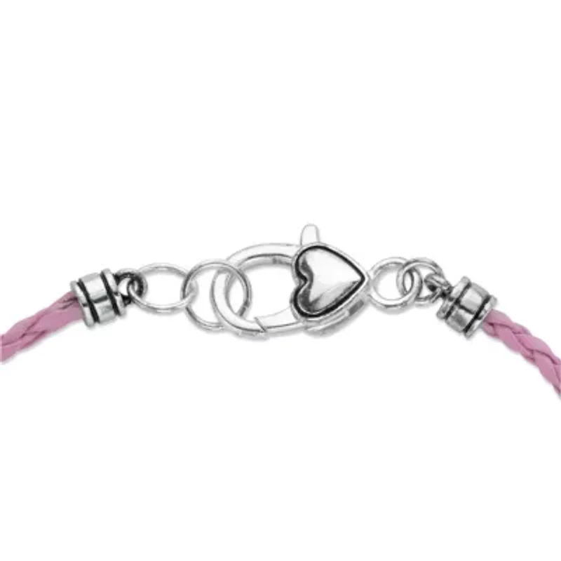 Pink Crystal Silvertone Bali-Style Braided Pink Cord Beaded Charm Bracelet 7.5"