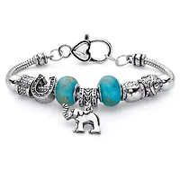 Blue Beaded Bali-Style Elephant Charm Antiqued Silvertone Bracelet 7.5"
