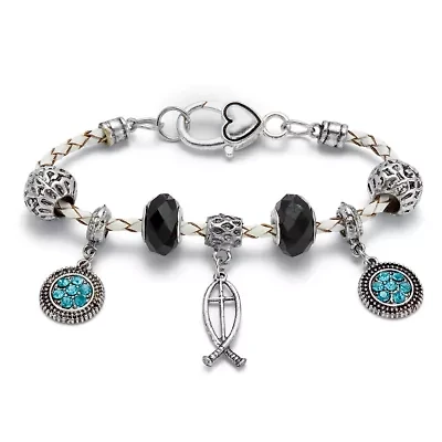 Silvertone Aquamarine Religious Fish Charm Bracelet 7.5 Inches