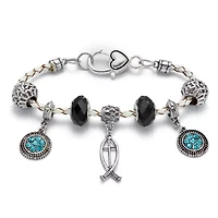 Silvertone Aquamarine Religious Fish Charm Bracelet 7.5 Inches