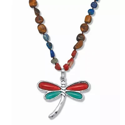 Genuine Tiger's Eye and Sodalite Silvertone Dragonfly Pendant Necklace 32-inch