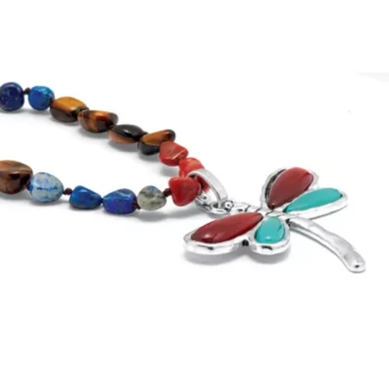 Genuine Tiger's Eye and Sodalite Silvertone Dragonfly Pendant Necklace 32-inch