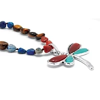 Genuine Tiger's Eye and Sodalite Silvertone Dragonfly Pendant Necklace 32-inch