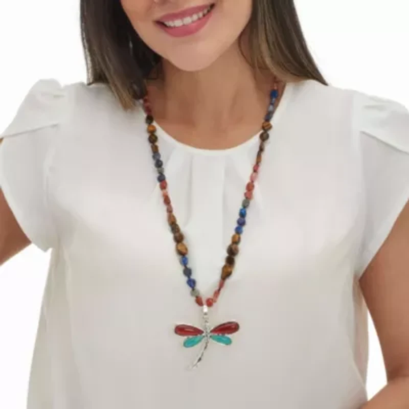 Genuine Tiger's Eye and Sodalite Silvertone Dragonfly Pendant Necklace 32-inch