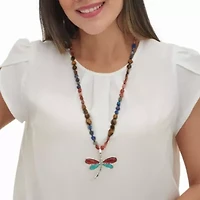 Genuine Tiger's Eye and Sodalite Silvertone Dragonfly Pendant Necklace 32-inch