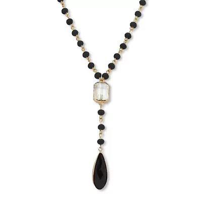 Black Crystal Pendant Goldtone Y Necklace 24-inch, plus 2-inch extension