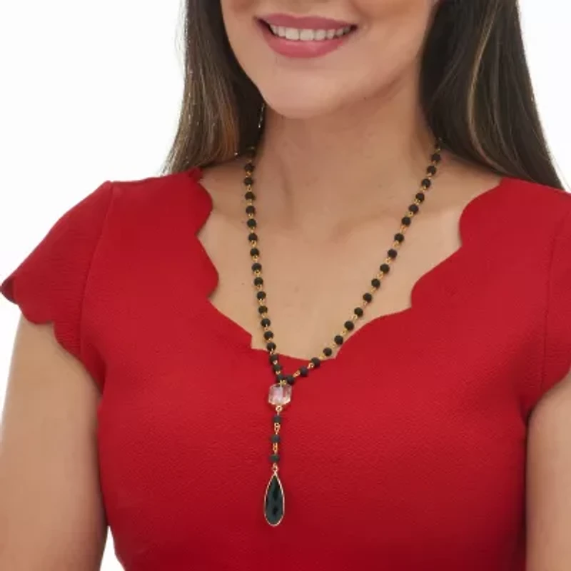 Black Crystal Pendant Goldtone Y Necklace 24-inch, plus 2-inch extension