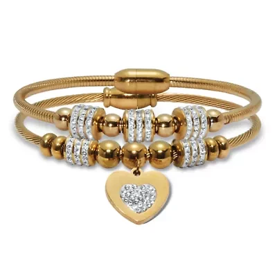 Round Crystal Gold Ion-Plated Stainless Steel Heart Charm Bracelet Set 7-inch