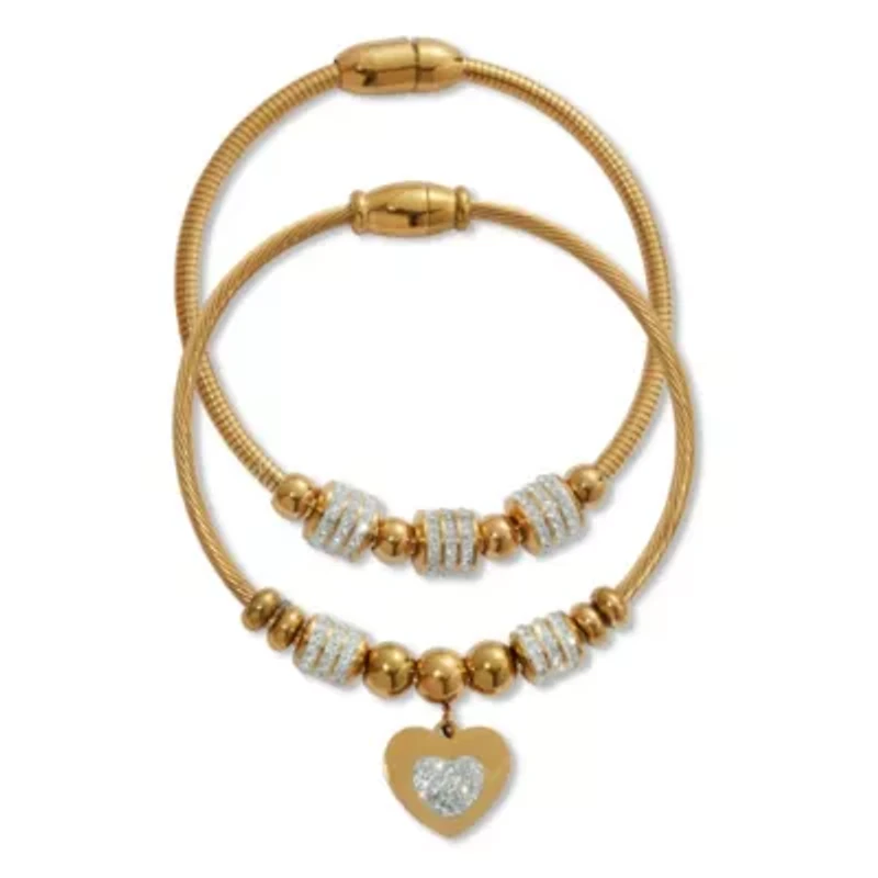 Round Crystal Gold Ion-Plated Stainless Steel Heart Charm Bracelet Set 7-inch
