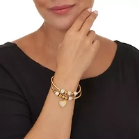 Round Crystal Gold Ion-Plated Stainless Steel Heart Charm Bracelet Set 7-inch