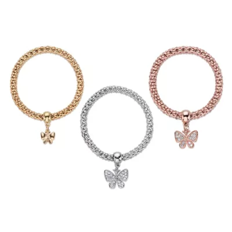 Crystal Butterfly Rose Tone Goldtone and Silvertone Stretch Bracelet Set 8"
