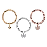 Crystal Butterfly Rose Tone Goldtone and Silvertone Stretch Bracelet Set 8"