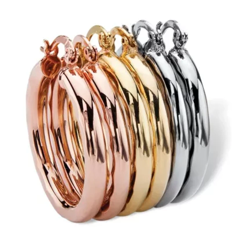 Tri-Tone 3-Pair Set of Goldtone, Rose Tone and Silvertone Hoop Earrings 1.25"