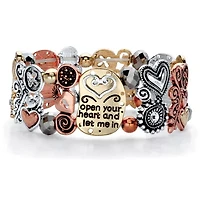 Crystal Accent Open Your Heart, Let Me In Antiqued Tri-Tone Stretch Bracelet 7"