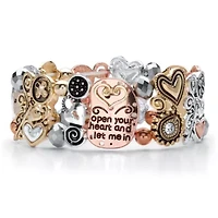 Crystal Accent Open Your Heart, Let Me In Antiqued Tri-Tone Stretch Bracelet 7"