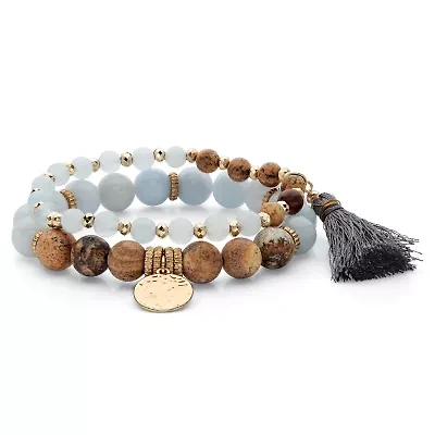 Grey and Brown Simulated Tiger's Eye Goldtone Beaded Stretch Bracelet Set 7"