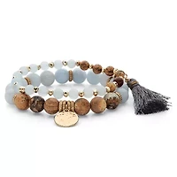 Grey and Brown Simulated Tiger's Eye Goldtone Beaded Stretch Bracelet Set 7"