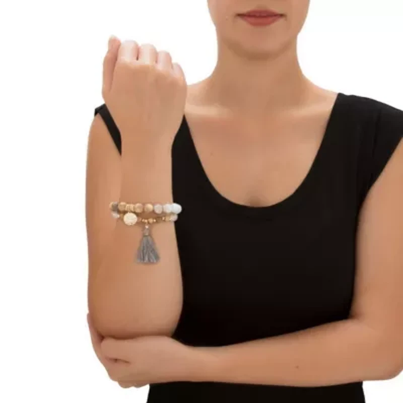 Grey and Brown Simulated Tiger's Eye Goldtone Beaded Stretch Bracelet Set 7"