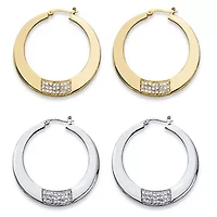 Round Crystal Goldtone and Silvertone 2-Pair Hoop Earrings Set 1.75"