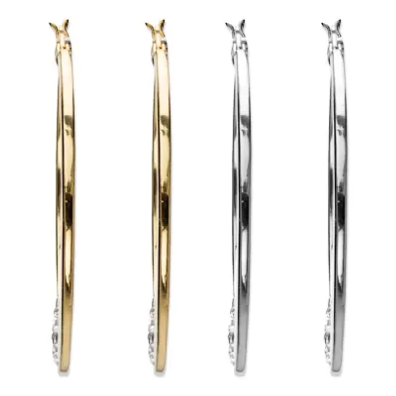 Round Crystal Goldtone and Silvertone 2-Pair Hoop Earrings Set 1.75"