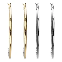 Round Crystal Goldtone and Silvertone 2-Pair Hoop Earrings Set 1.75"