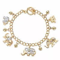 Round Crystal Goldtone Elephant Charm Beaded Toggle Bracelet 7.5"