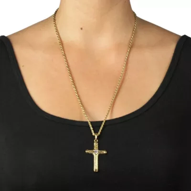 Crystal Decorative Cross Pendant Necklace in Yellow Goldtone