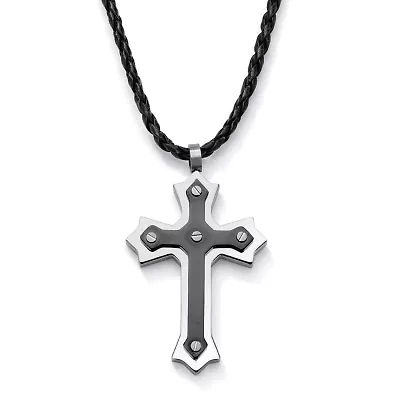Cross Pendant and Cord Necklace in Black Ion-Plated Stainless Steel