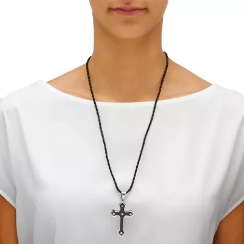 Cross Pendant and Cord Necklace in Black Ion-Plated Stainless Steel
