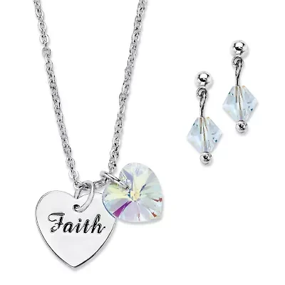 AB Crystal Silvertone Heart and "Faith" Charm Earring & Necklace Set 18"-20"