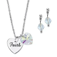 AB Crystal Silvertone Heart and "Faith" Charm Earring & Necklace Set 18"-20"