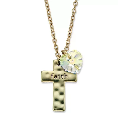 Faith Cross and AB Crystal Goldtone Heart Necklace 18"-20.5"