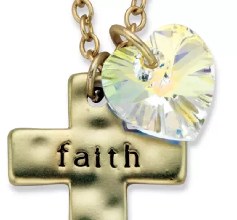 Faith Cross and AB Crystal Goldtone Heart Necklace 18"-20.5"