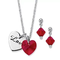 Red Crystal Silvertone Heart Necklace Set 18"-19.5"