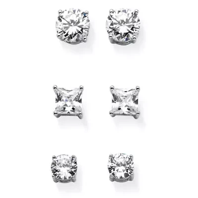 9.20 TCW Round & Princess Cubic Zirconia Silvertone 3-Pair Stud Earring Set