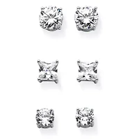 9.20 TCW Round & Princess Cubic Zirconia Silvertone 3-Pair Stud Earring Set