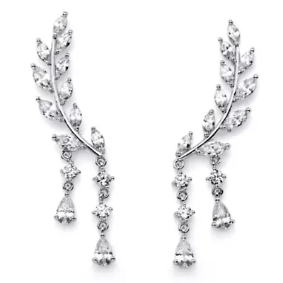 Marquise-Cut Silvertone Crystal Ear Climber Earrings 13/4"