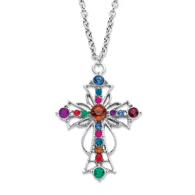 Multi-Color Crystal Silvertone Scrolled Cross Pendant Necklace 18"-20.5"
