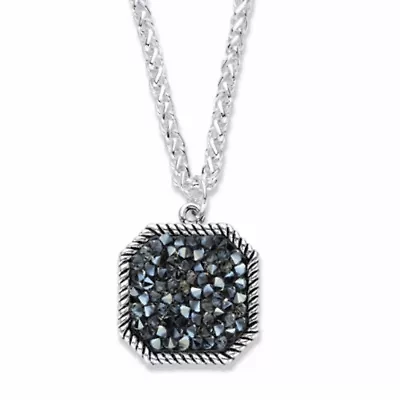 Round Simulated Druzy Black Quartz Silvertone Octagon Pendant Necklace 18"-20"