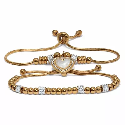 Round Crystal Gold Ion-Plated Stainless Steel Heart Charm Bracelet Set 7-inch