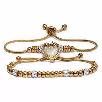Round Crystal Gold Ion-Plated Stainless Steel Heart Charm Bracelet Set 7-inch