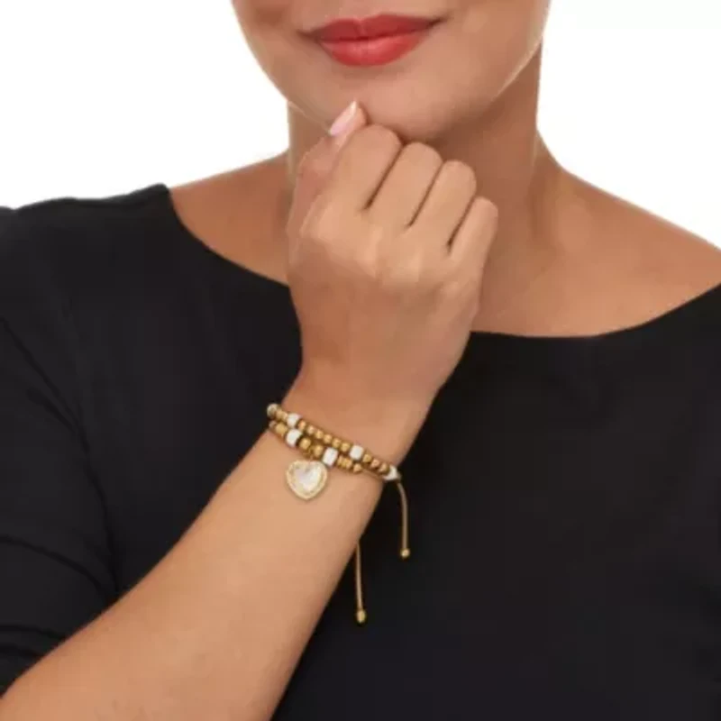 Round Crystal Gold Ion-Plated Stainless Steel Heart Charm Bracelet Set 7-inch