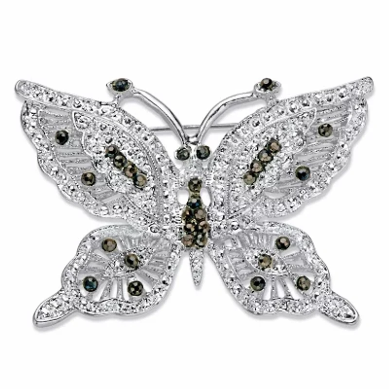 Round Black Crystal Silvertone Butterfly Pin