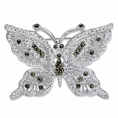 Round Black Crystal Silvertone Butterfly Pin